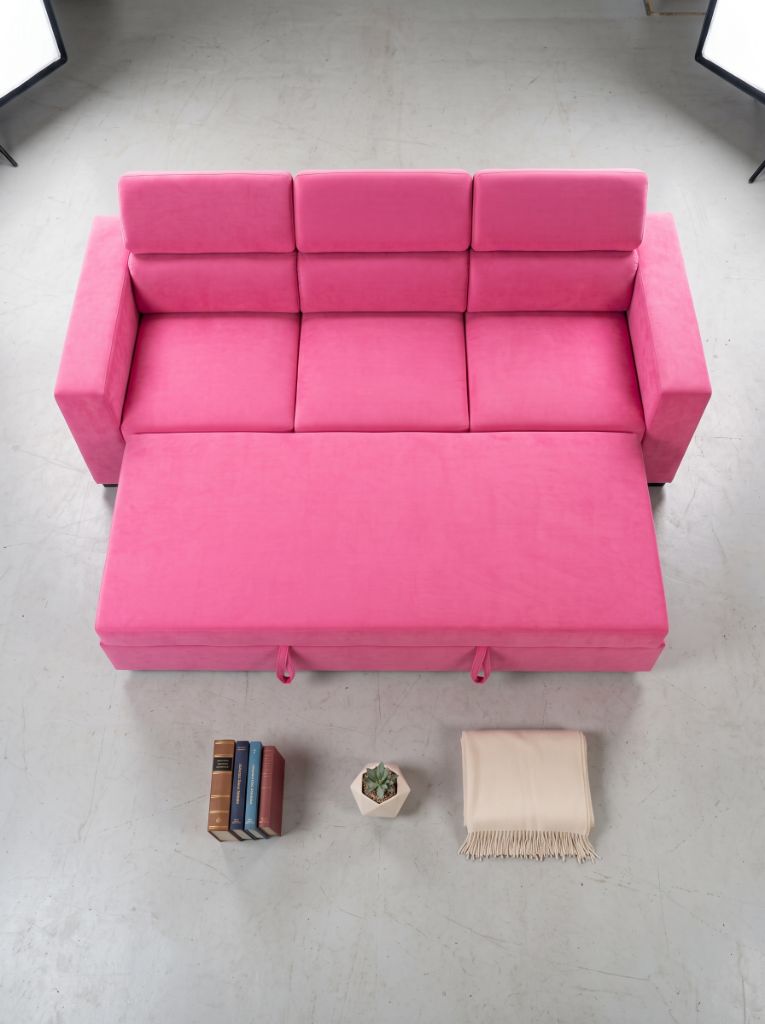 Evo 3 Seat Sofa Sleeper Barbie Pink top-down view of the extended sleeper bed