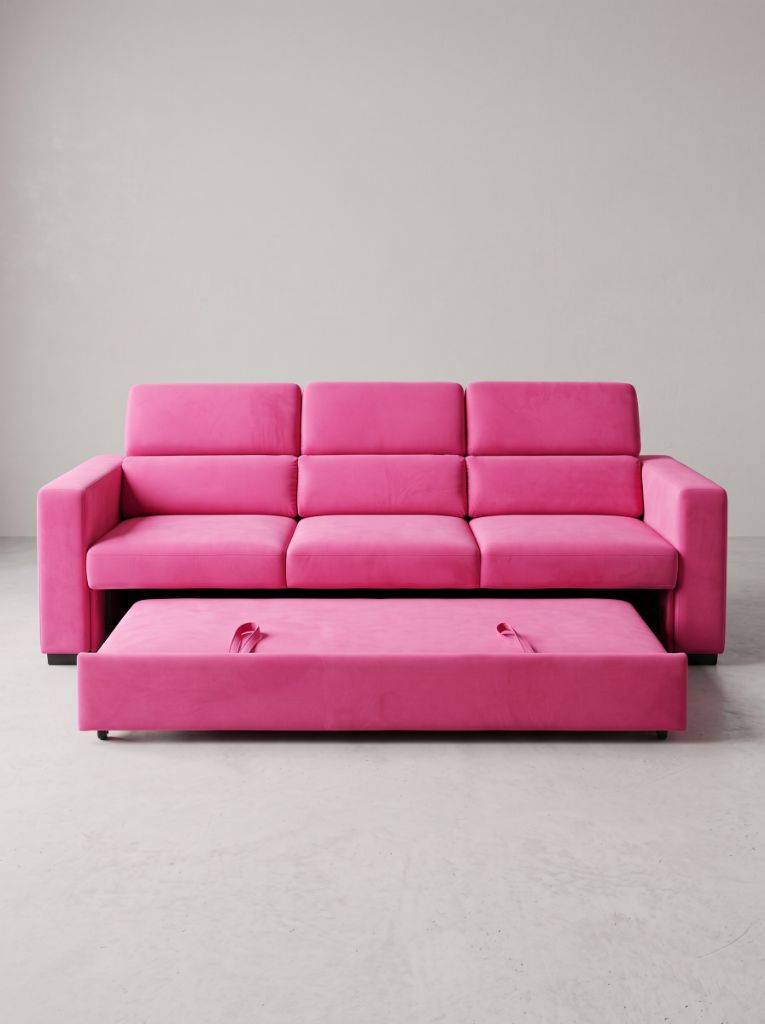 Evo 3 Seat Sofa Sleeper Barbie Pink front-on view with adjustable headrests