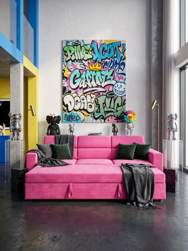 Evo 3 Seat Sofa Sleeper Barbie Pink styled in a bold contemporary art room