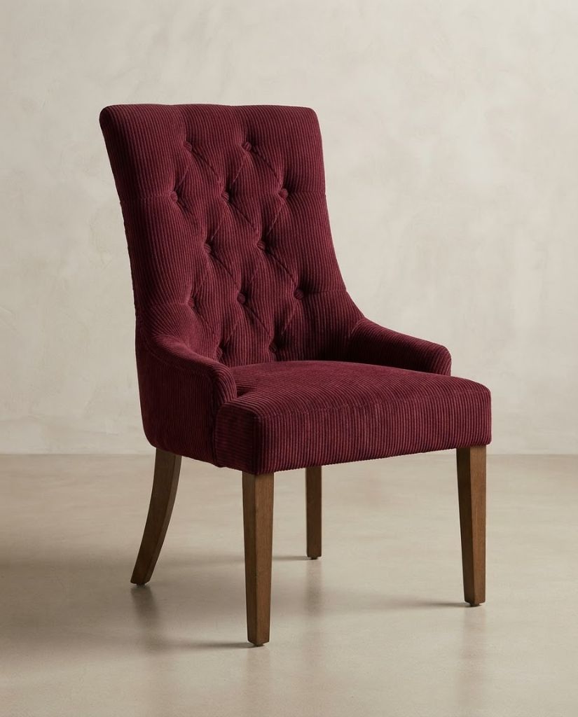 Vibe Dining Chair in Burgundy Corduroy - button-tufted dining chair with timber legs