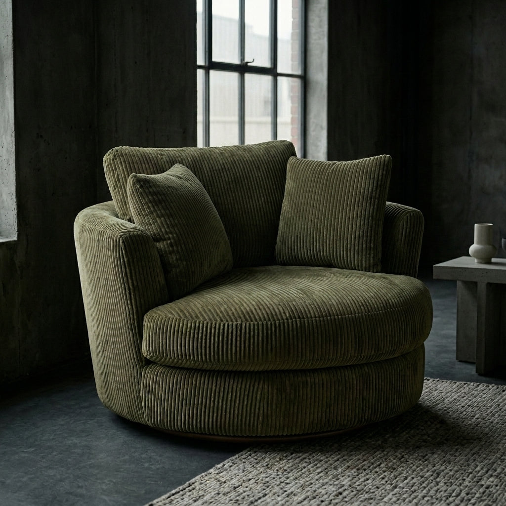 Cuddle Swivel Chair - Olive Green - Side Angle View | Vibe Sofas