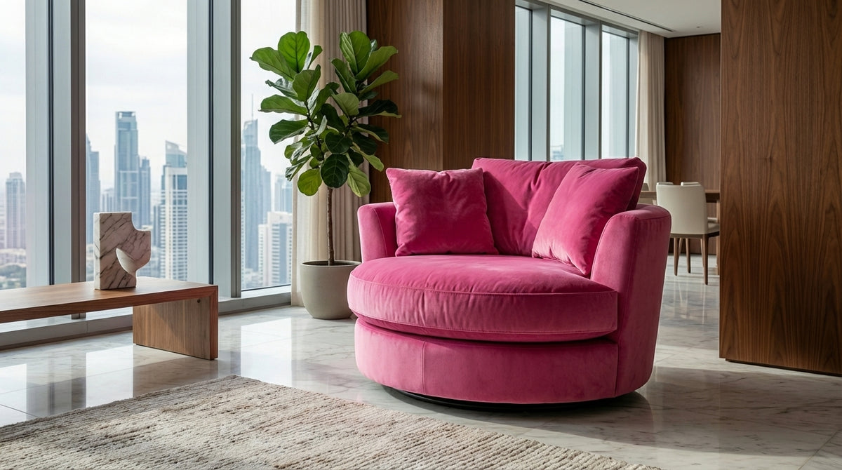Cuddle Swivel Chair - Barbie Pink - Alternative Angle | Vibe Sofas