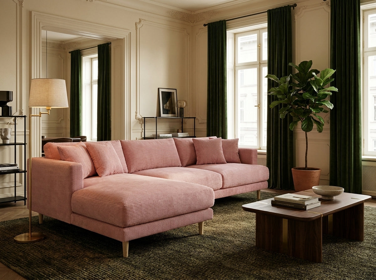Meadow Chaise Lounge - Baby Pink Corduroy — Product View 11 | Corduroy | Vibe Sofas Australia