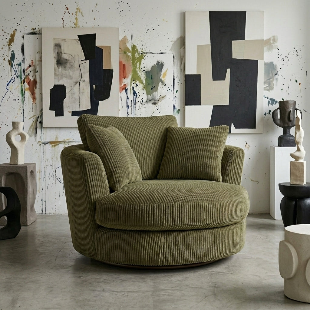 Cuddle Swivel Chair - Olive Green - Lifestyle Setting | Vibe Sofas