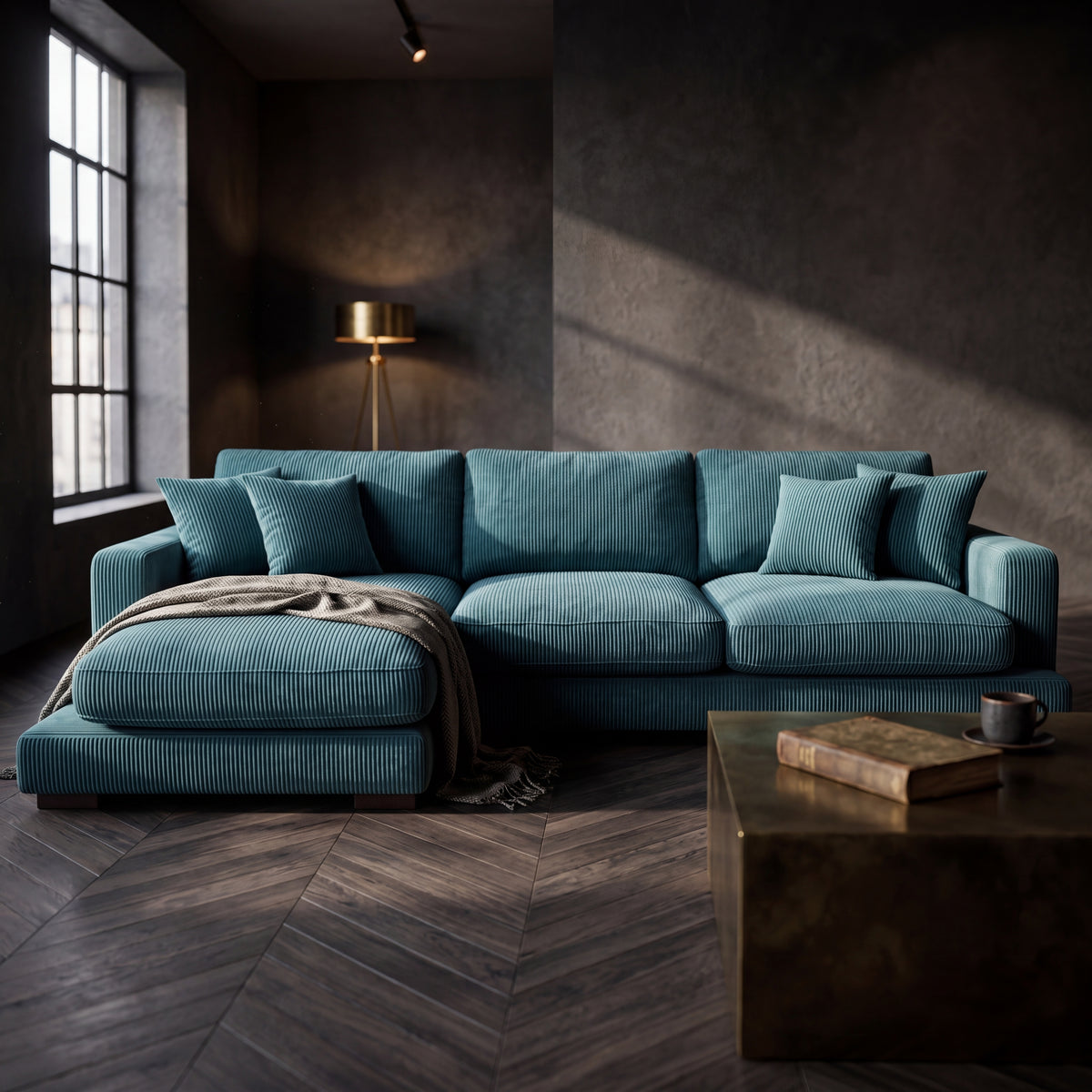 City Chaise Lounge Aqua Corduroy - Room Setting | Vibe Sofas Australia