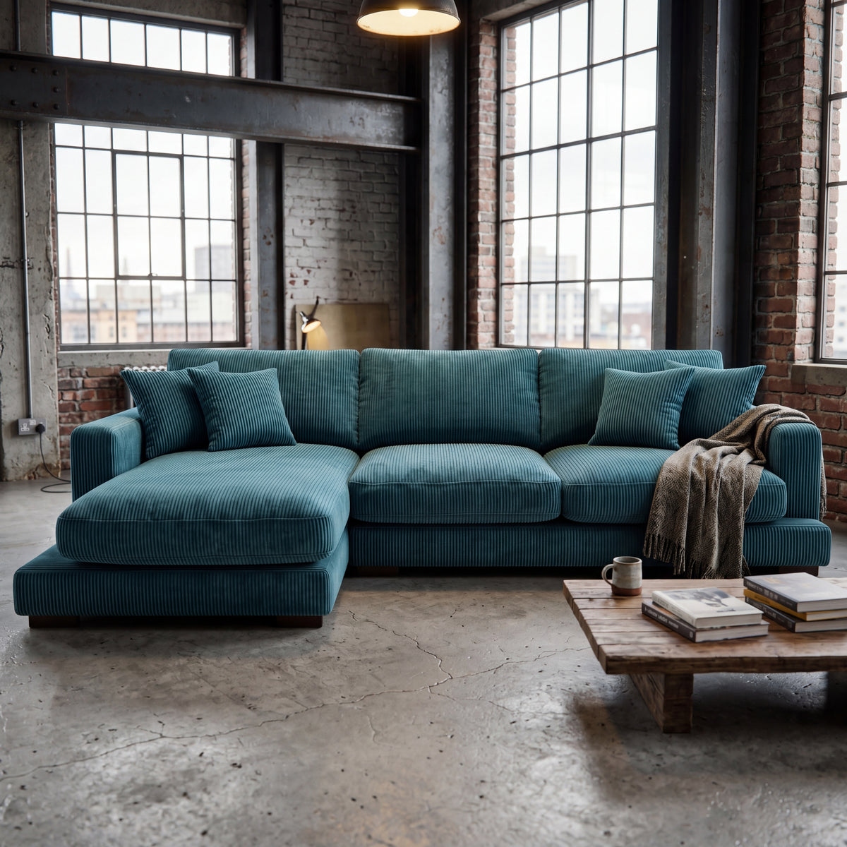 City Chaise Lounge Aqua Corduroy - Lifestyle Setting | Vibe Sofas