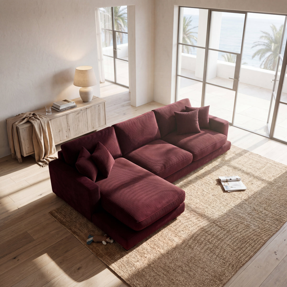 City Chaise Lounge Burgundy Corduroy - Room Setting | Vibe Sofas Australia