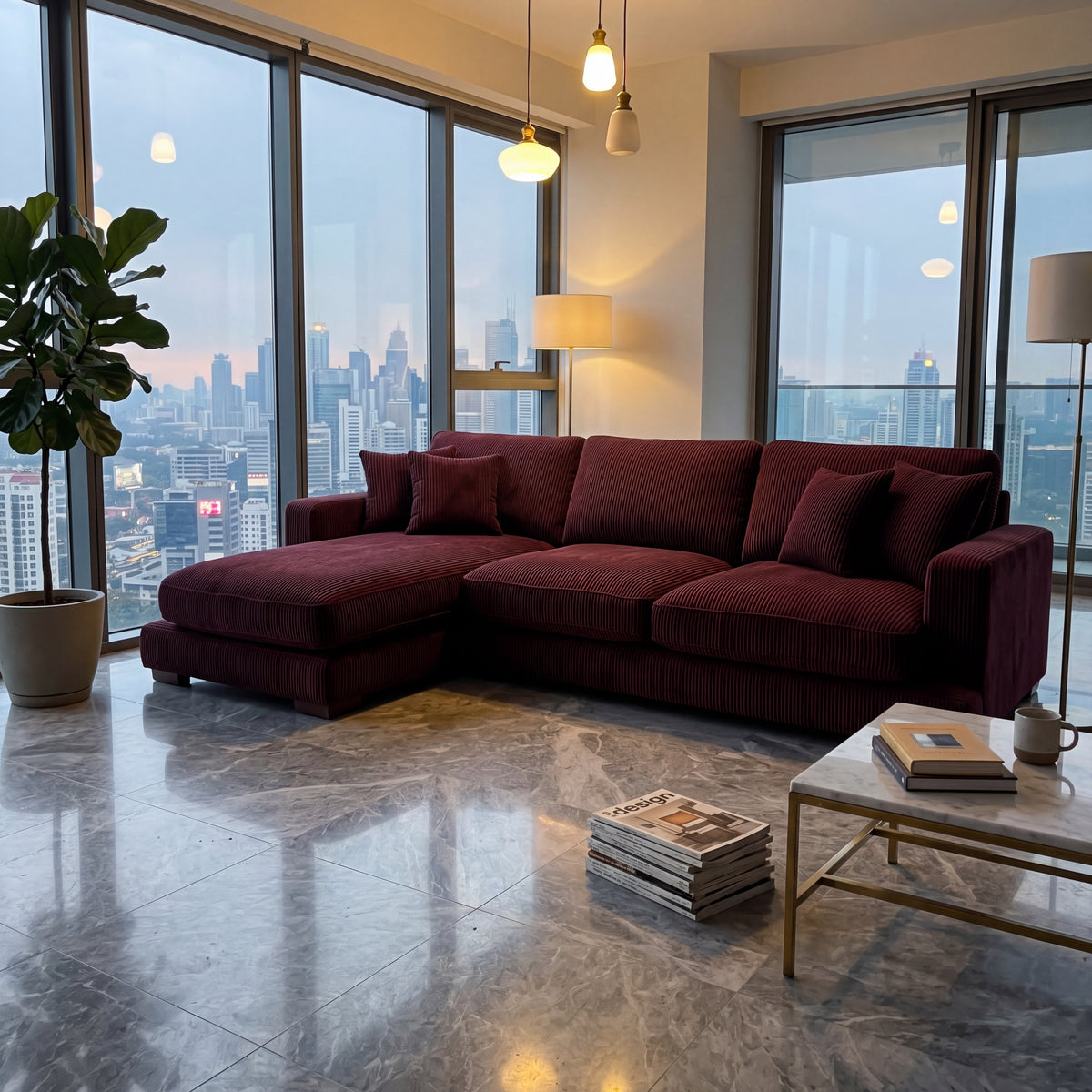 City Chaise Lounge Burgundy Corduroy - Lifestyle Setting | Vibe Sofas