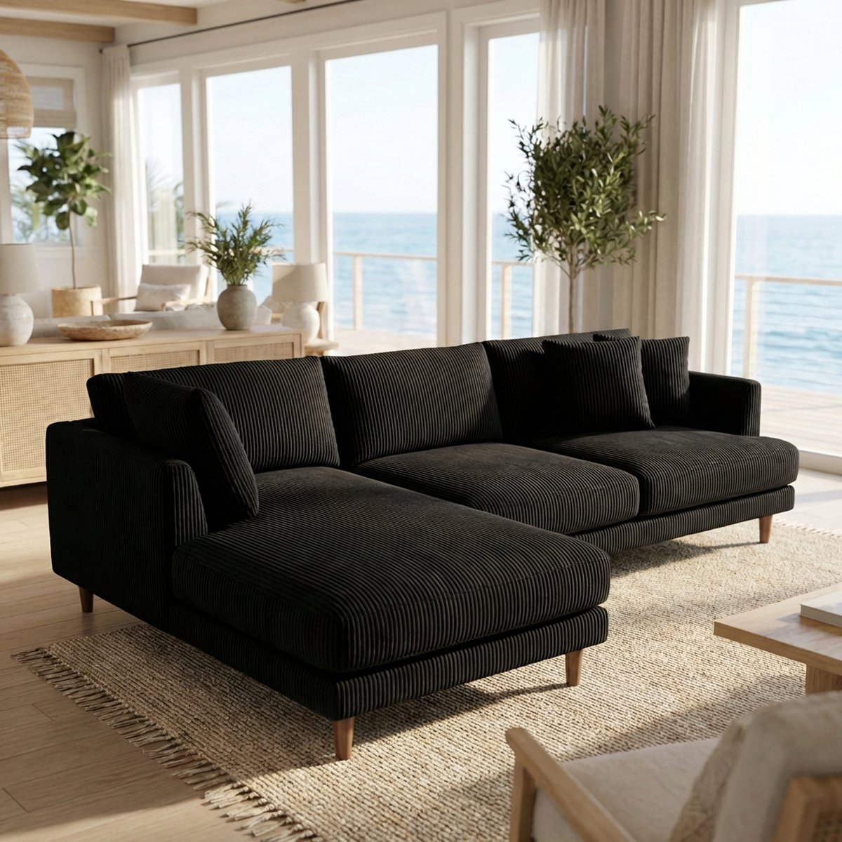 Meadow Chaise Lounge - Bagira Black Corduroy — Lifestyle Setting 1 | Corduroy | Vibe Sofas Australia