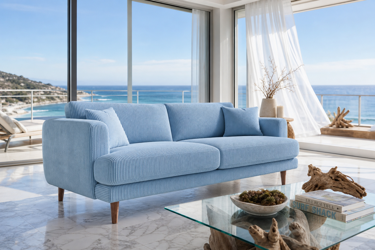 Meadow Sofa - Baby Blue Corduroy - Room Setting | Vibe Sofas Australia