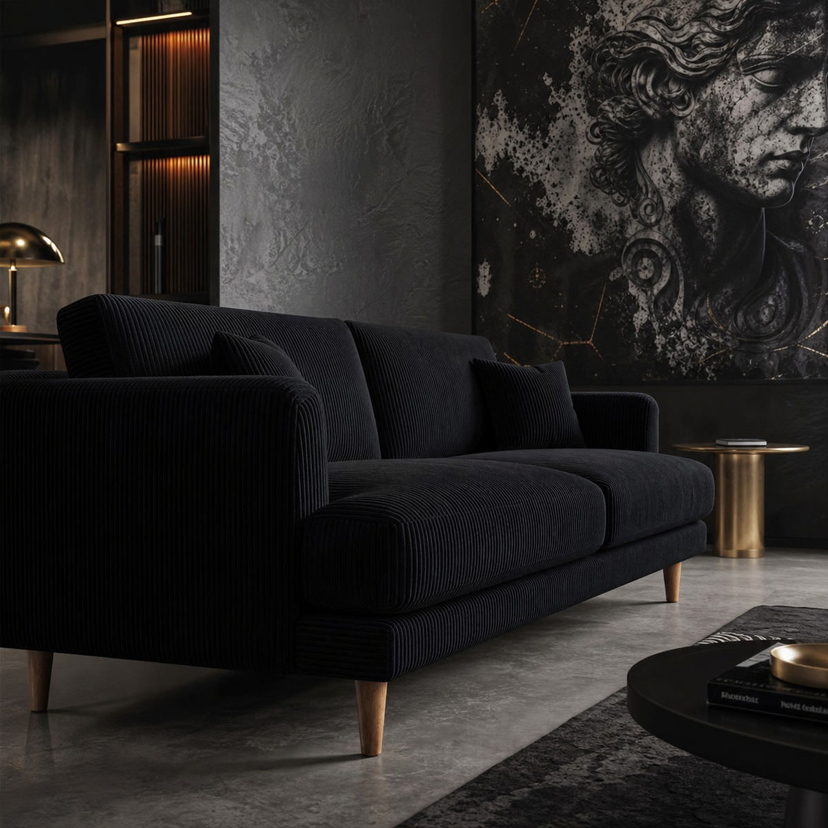 Meadow Sofa - Bagira Black Corduroy - Room Setting | Vibe Sofas Australia