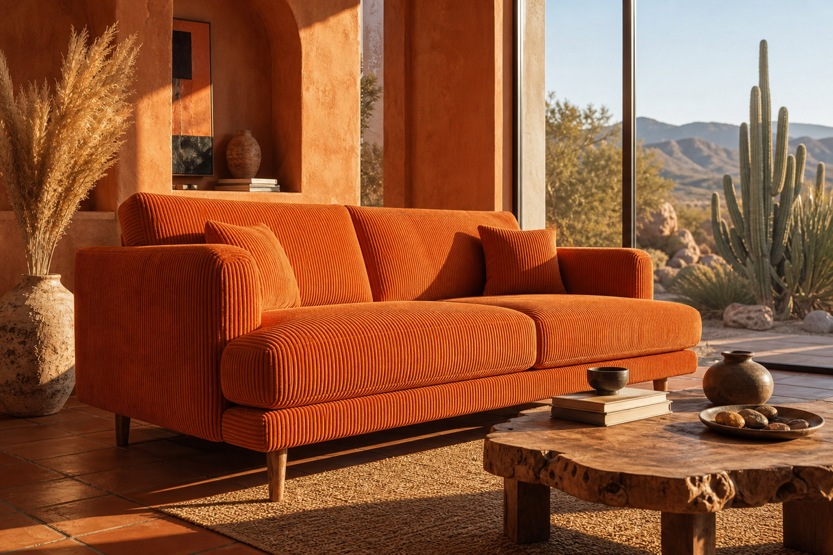 Meadow Sofa - Burnt Orange Corduroy - Room Setting | Vibe Sofas Australia
