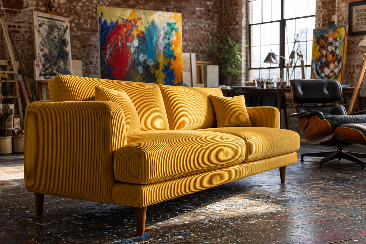 Meadow Sofa - Mustard Corduroy - Room Setting | Vibe Sofas Australia