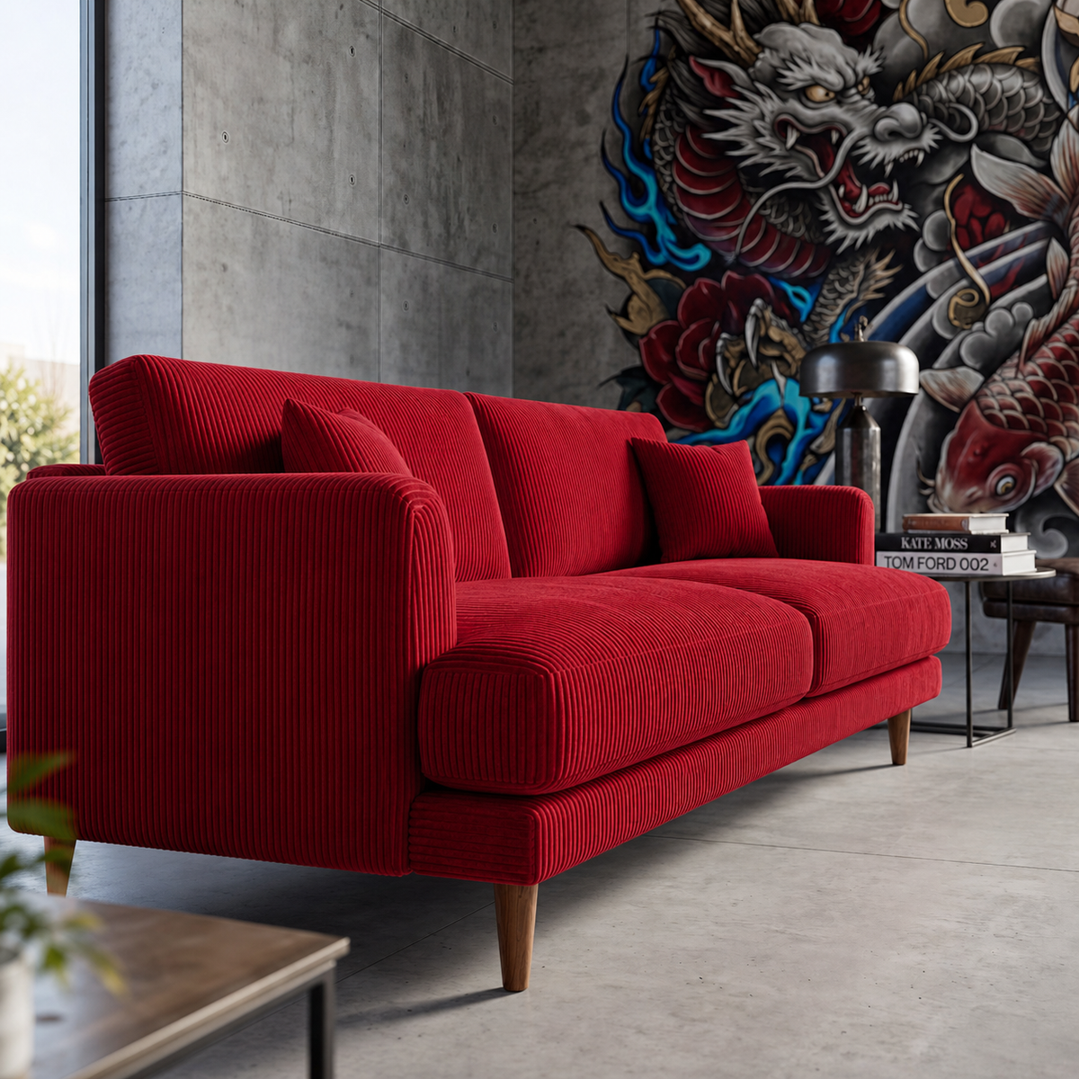 Meadow Sofa - Samurai Red Corduroy - Room Setting | Vibe Sofas Australia