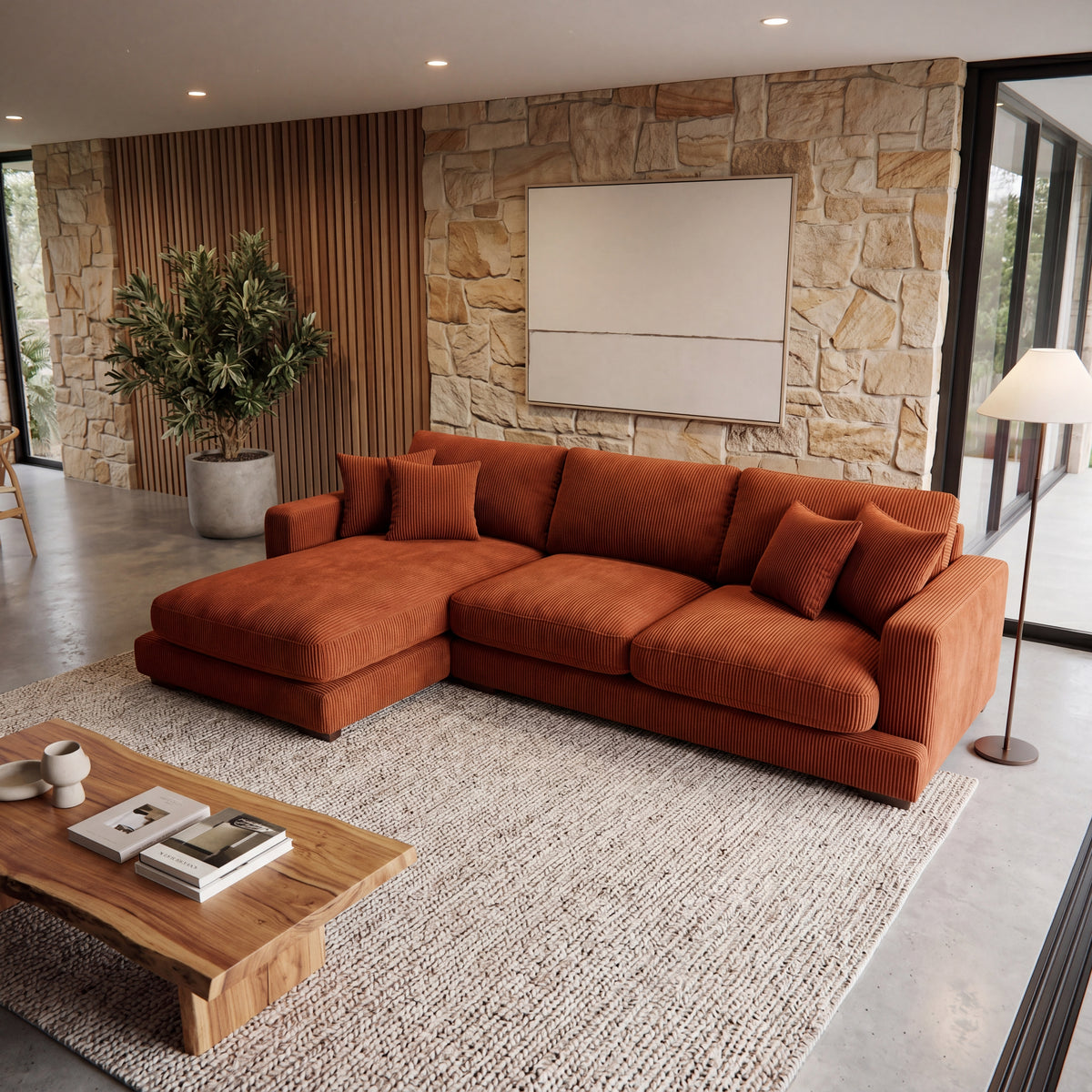 City Chaise Lounge Burnt Orange Corduroy - Detail Close-Up | Vibe Sofas