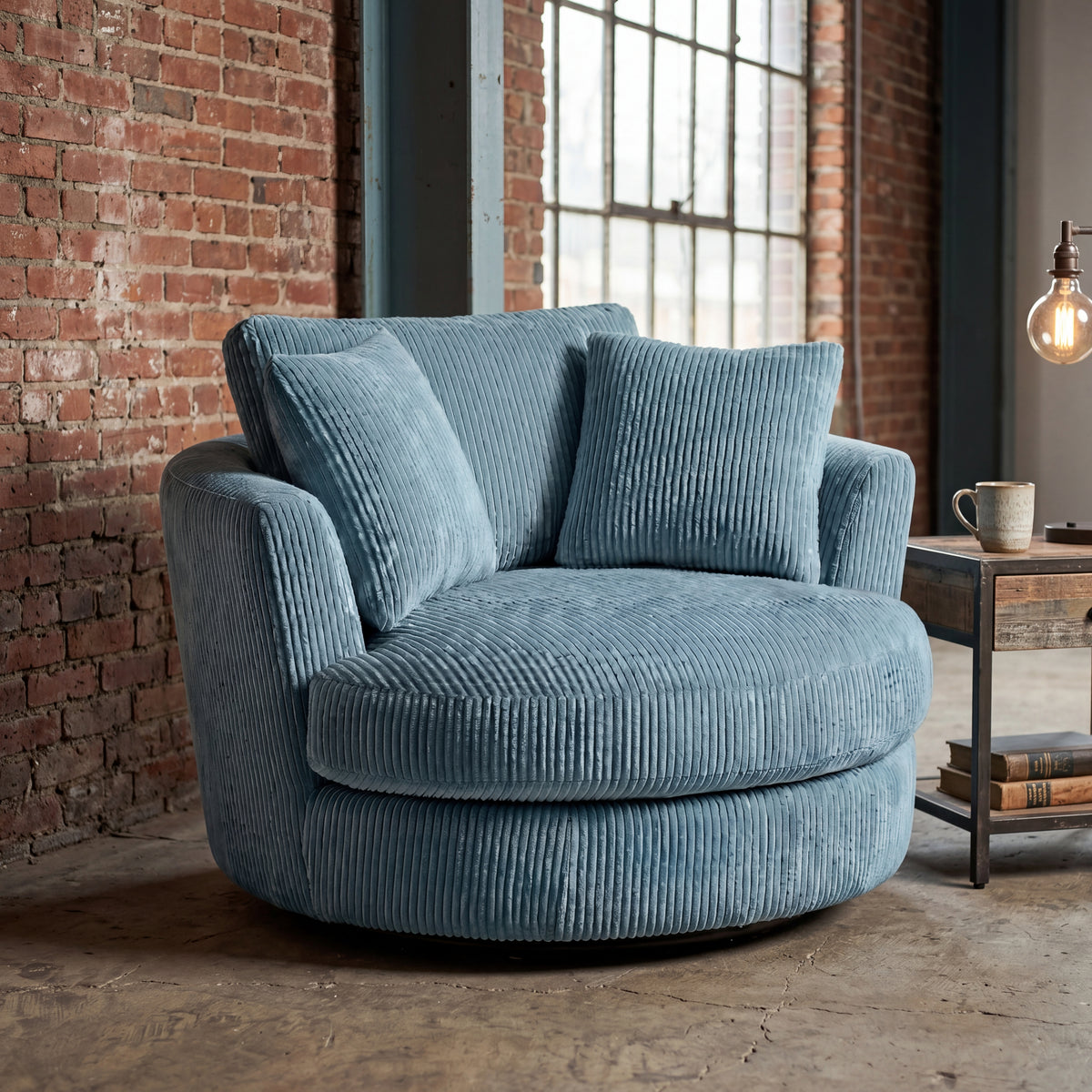 Cuddle Swivel Chair - Aqua - Lifestyle Setting | Vibe Sofas