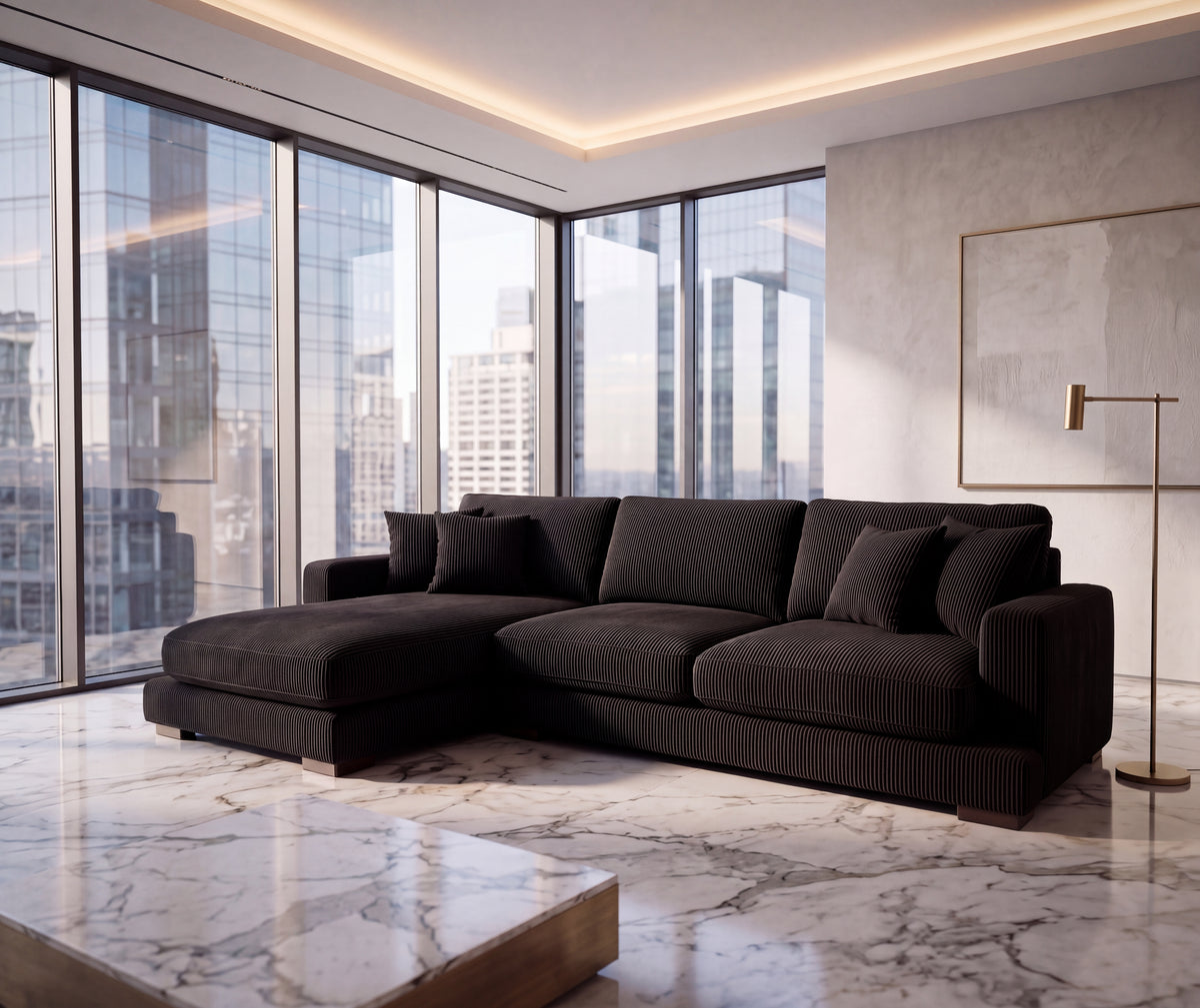 City Chaise Lounge - Bagira Black Corduroy - View 3 | Vibe Sofas Australia