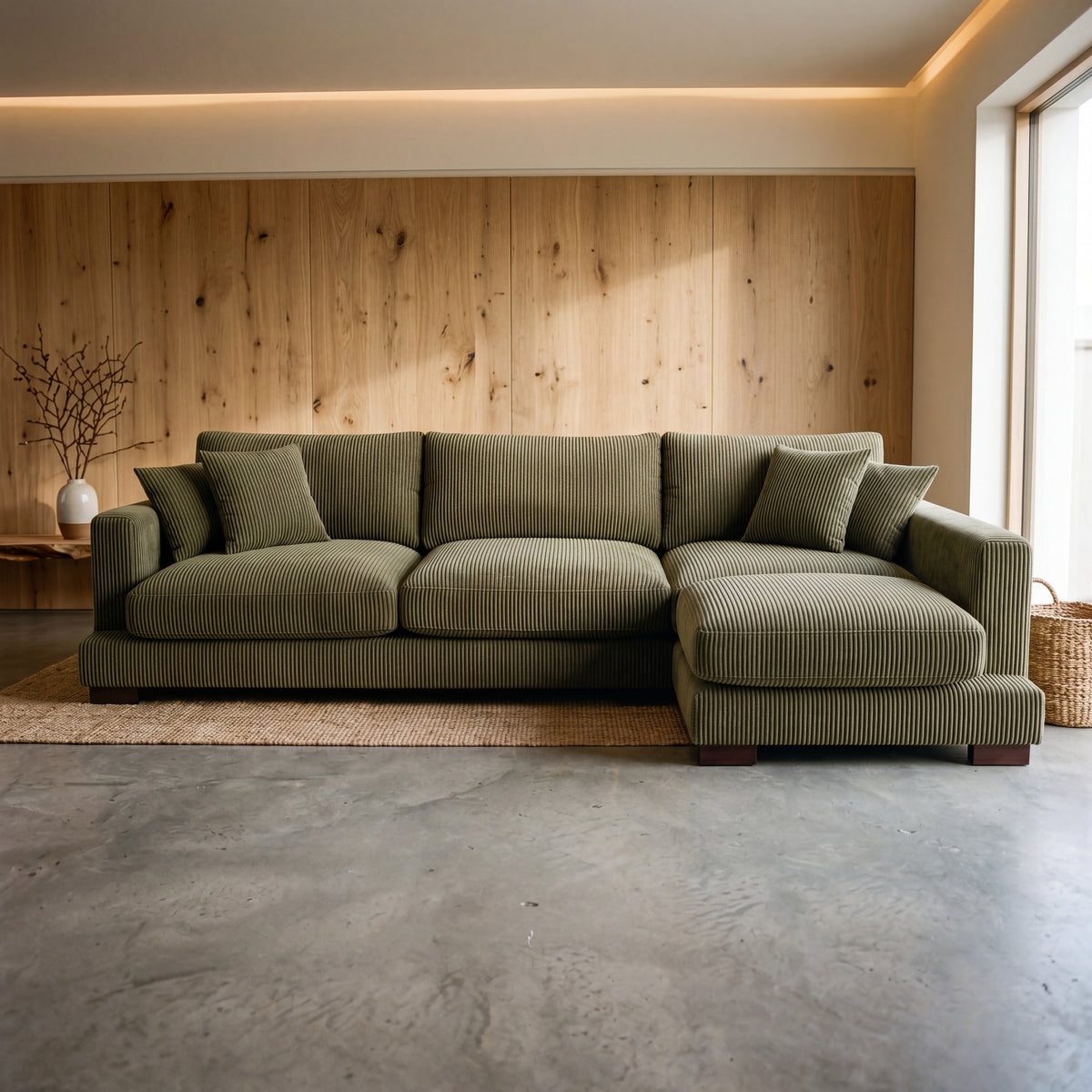 Cloud Chaise Lounge Olive Green Corduroy - Lifestyle Setting