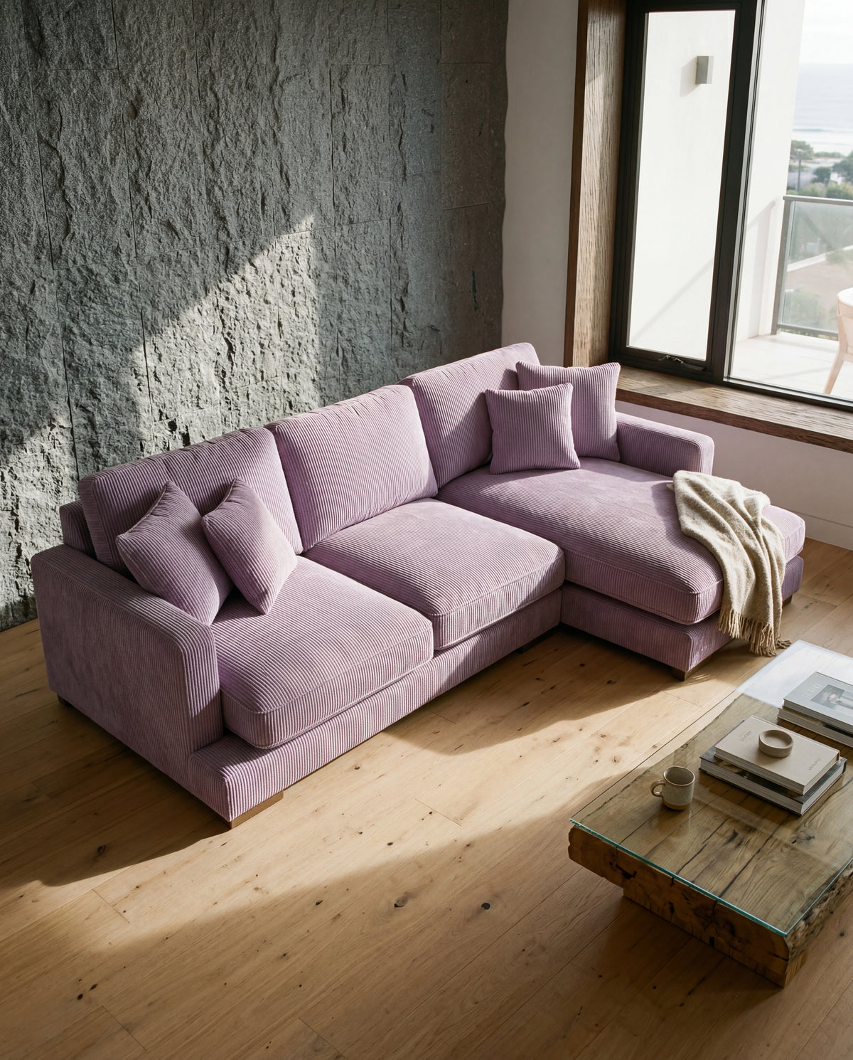 City Chaise Lounge Lilac Corduroy - Detail Close-Up | Vibe Sofas