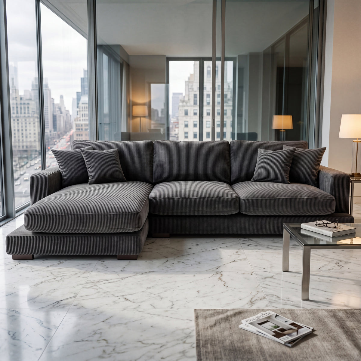 City Chaise Lounge Grey Corduroy - Room Setting | Vibe Sofas Australia