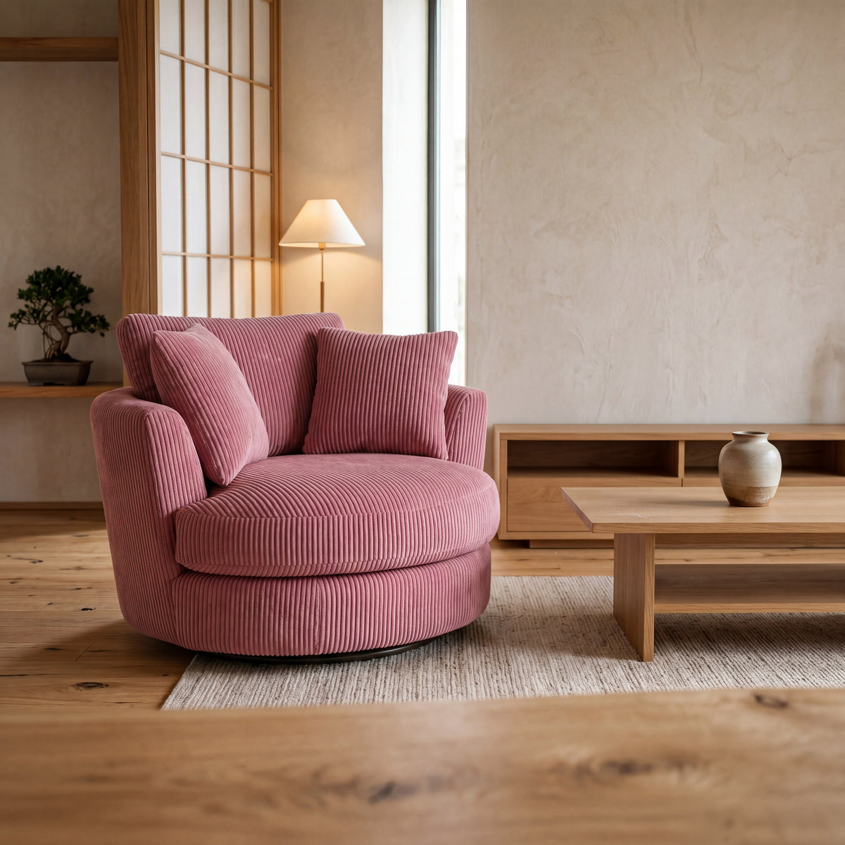 Cuddle Swivel Chair - Rose Pink - Room Setting | Vibe Sofas Australia