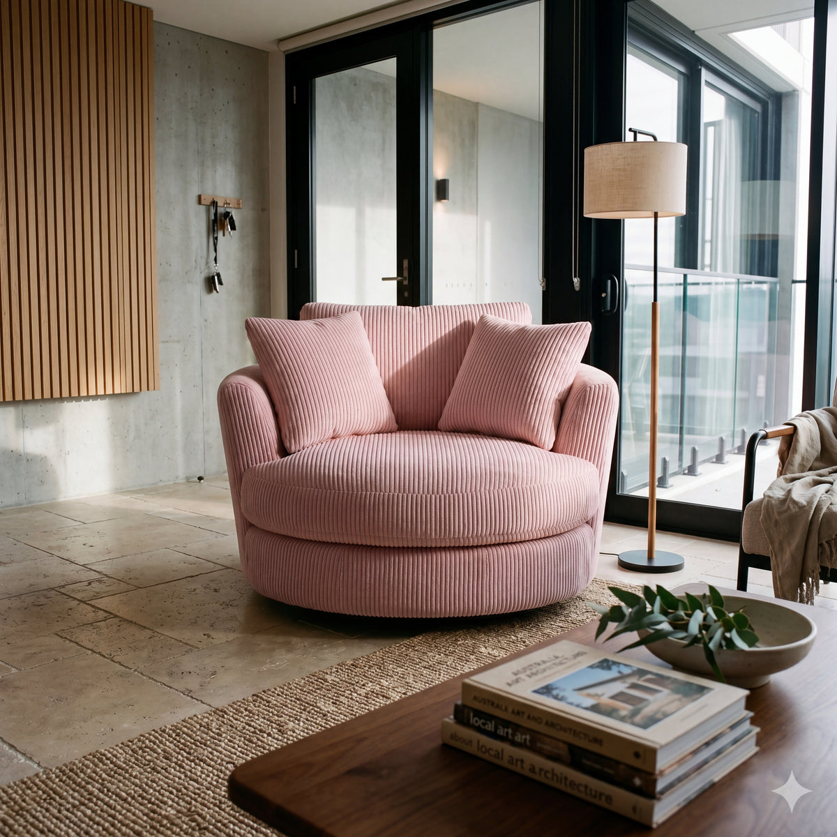Cuddle Swivel Chair - Baby Pink - Lifestyle Setting | Vibe Sofas