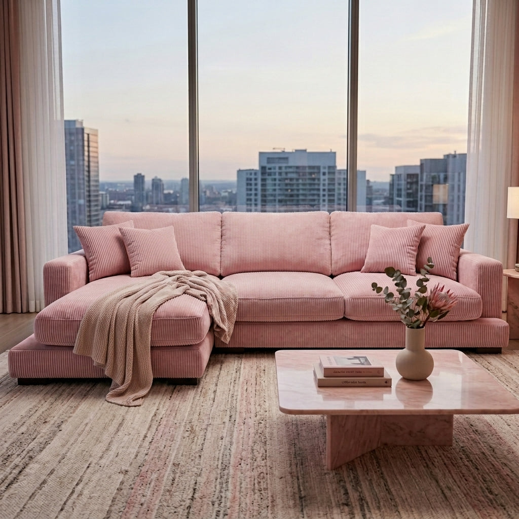 City Chaise Corduroy Baby Pink - View 2 | Vibe Sofas Australia