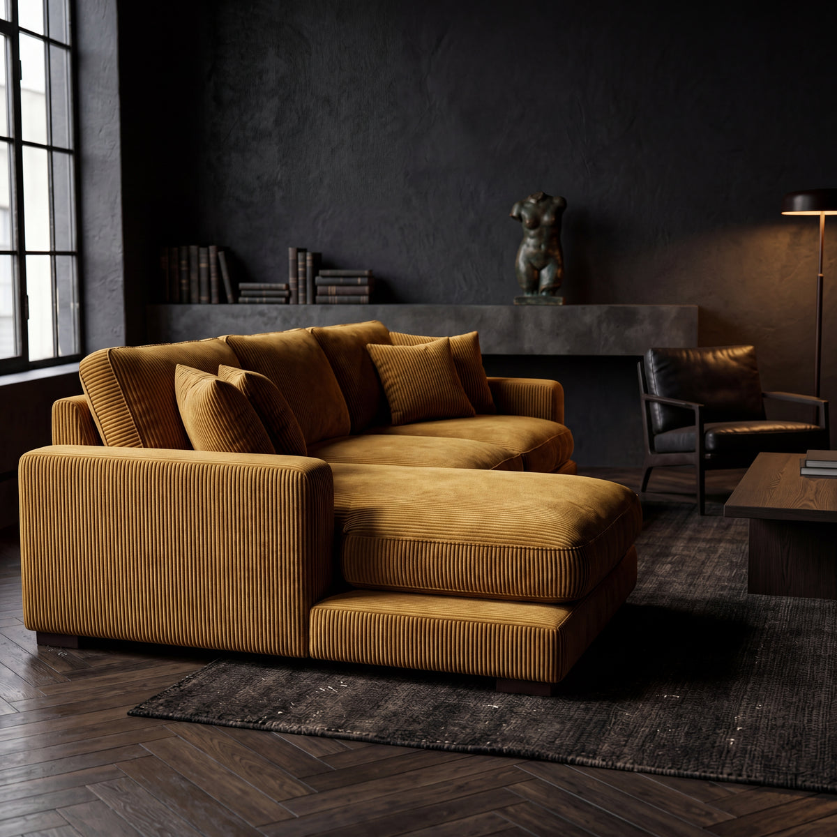 City Chaise Lounge Mustard Corduroy - Detail Close-Up | Vibe Sofas
