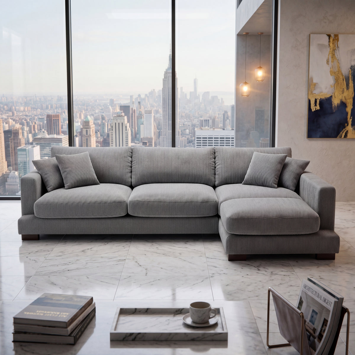 Cloud Chaise Lounge Grey Corduroy - Lifestyle Setting