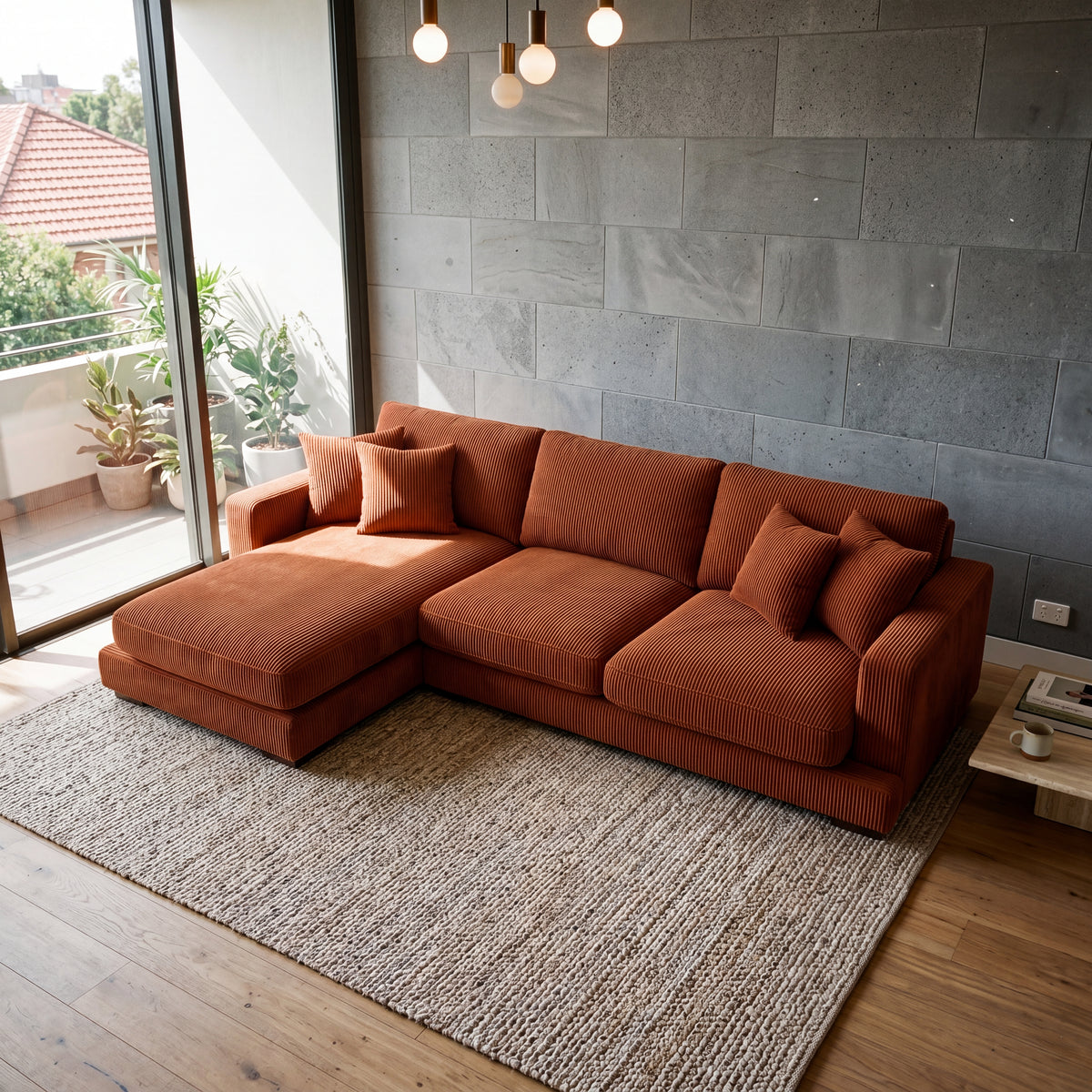 City Chaise Lounge Burnt Orange Corduroy - Alternative Angle | Vibe Sofas
