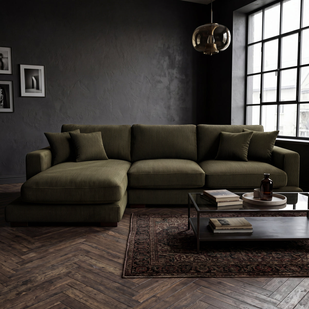 City Chaise Lounge Olive Green Corduroy - Room Setting | Vibe Sofas Australia