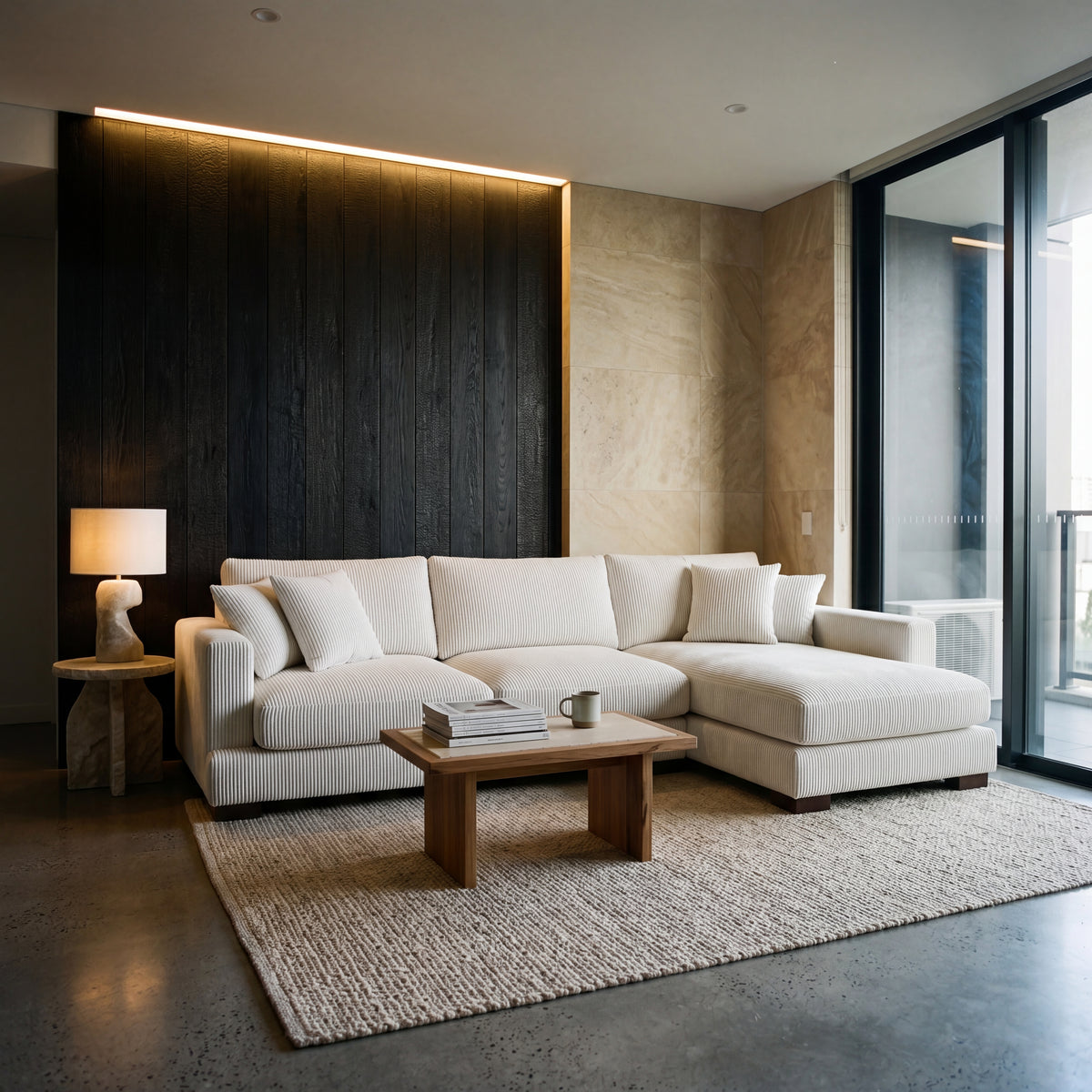 City Chaise Lounge White Corduroy - Lifestyle Setting | Vibe Sofas