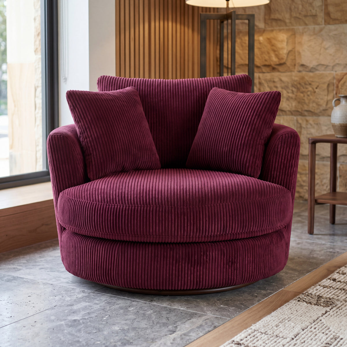 Cuddle Swivel Chair - Burgundy - Lifestyle Setting | Vibe Sofas