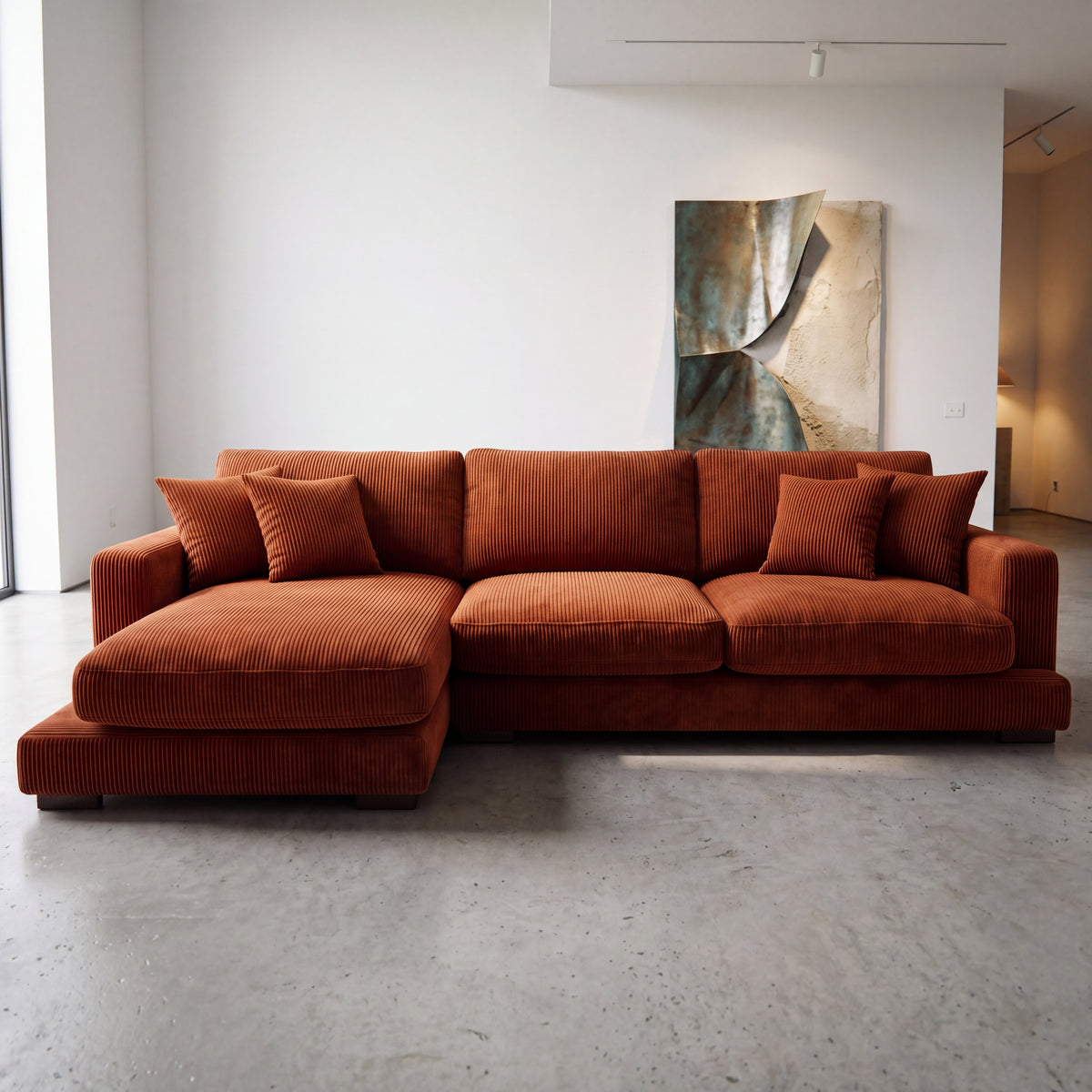 City Chaise Lounge Burnt Orange Corduroy - Room Setting | Vibe Sofas Australia