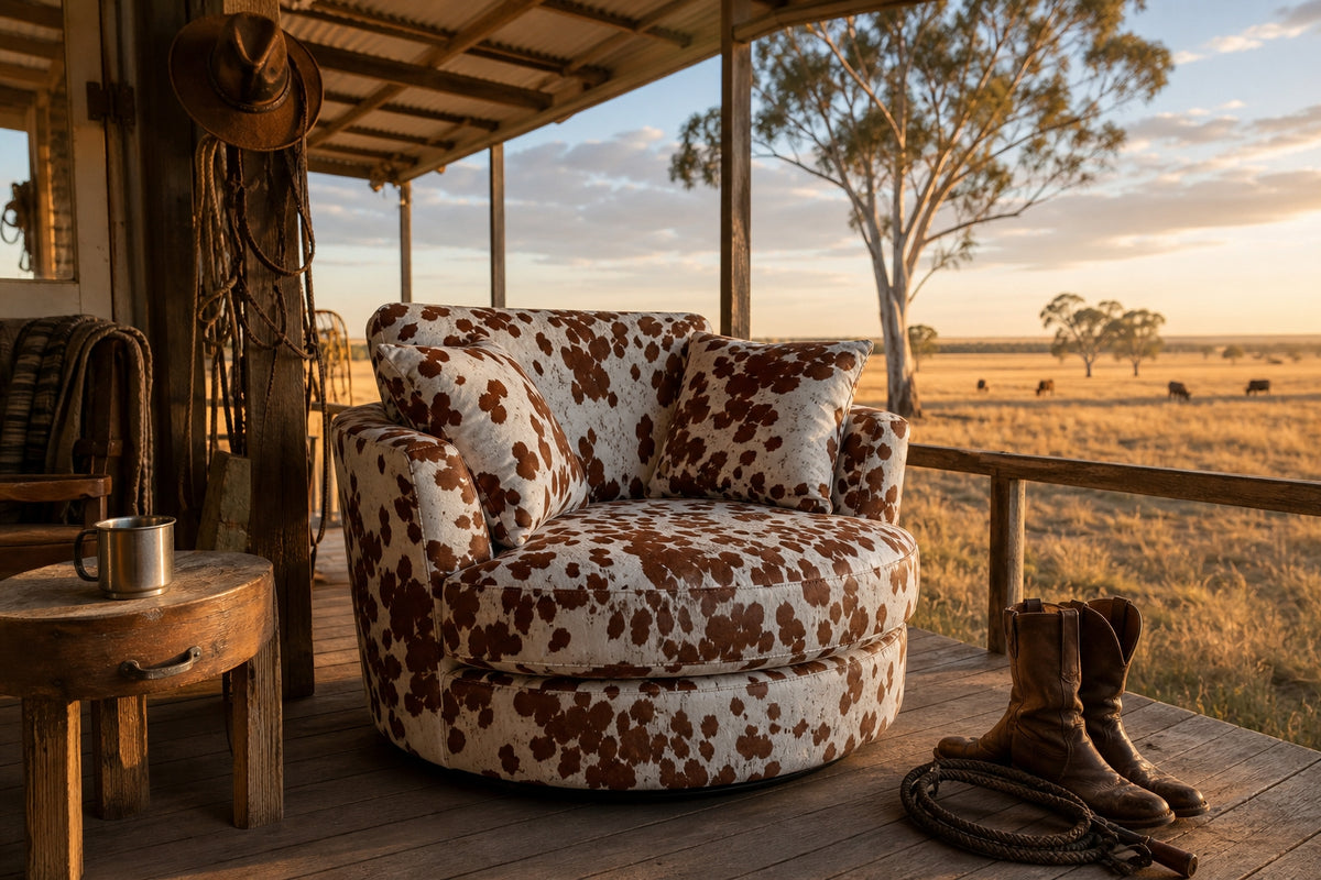 Cuddle Swivel Chair - Chocolate Cowhide Leather - Lifestyle Setting | Vibe Sofas