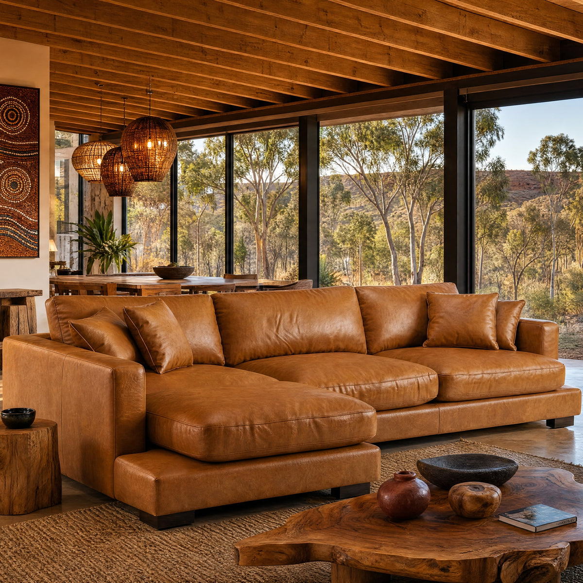 Cloud Chaise Lounge Tan Leather — Lifestyle