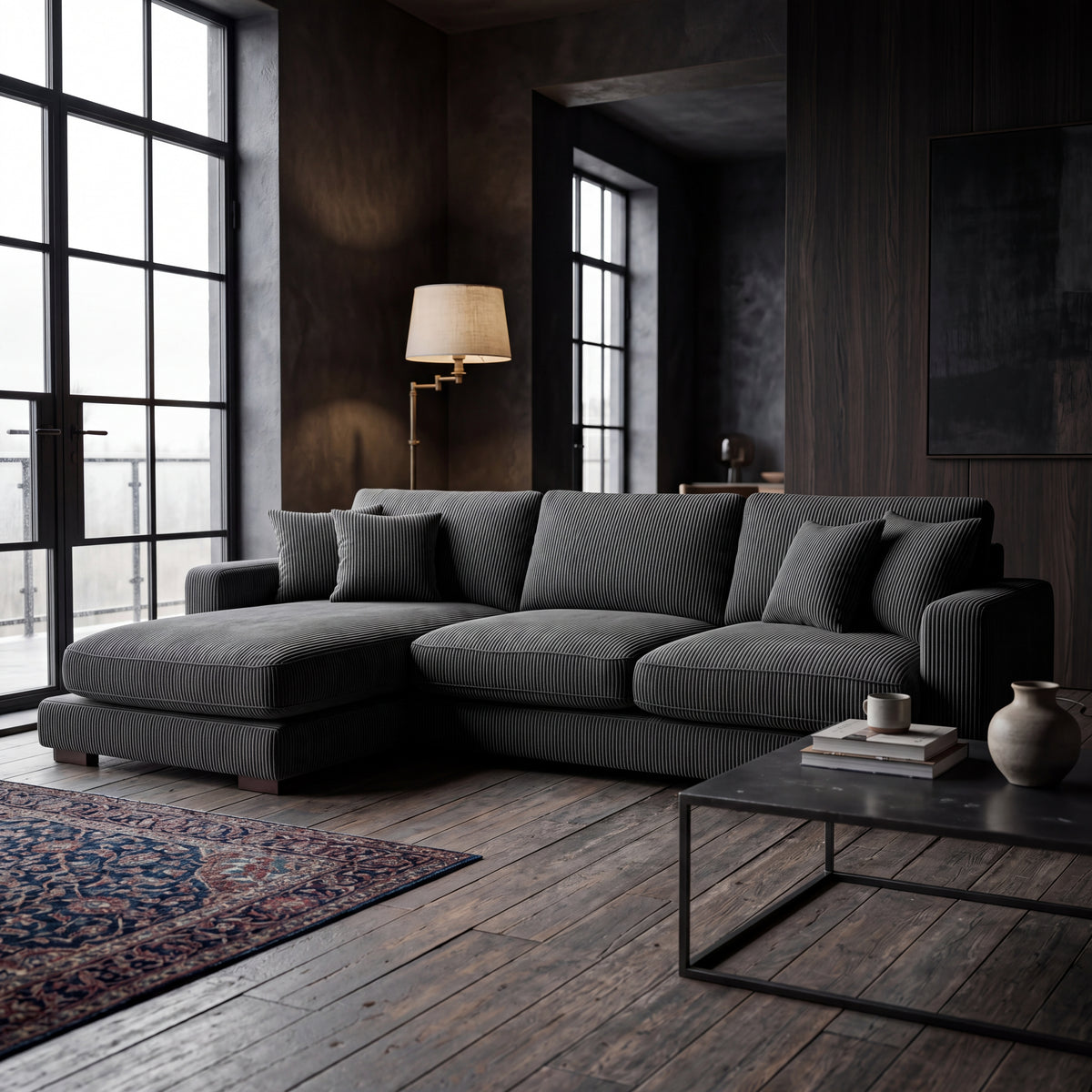 City Chaise Lounge Grey Corduroy - Detail Close-Up | Vibe Sofas