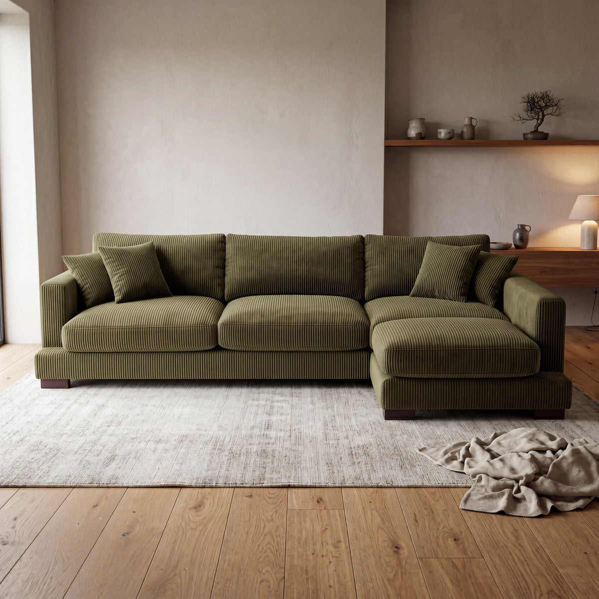 Cloud Chaise Lounge Olive Green Corduroy - Side Profile