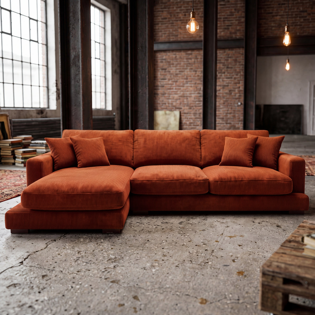 City Chaise Lounge Burnt Orange Corduroy - Lifestyle Setting | Vibe Sofas