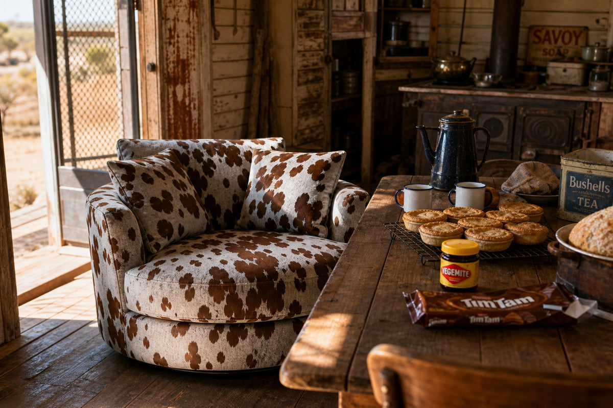Cuddle Swivel Chair - Chocolate Cowhide Leather - Room Setting | Vibe Sofas Australia