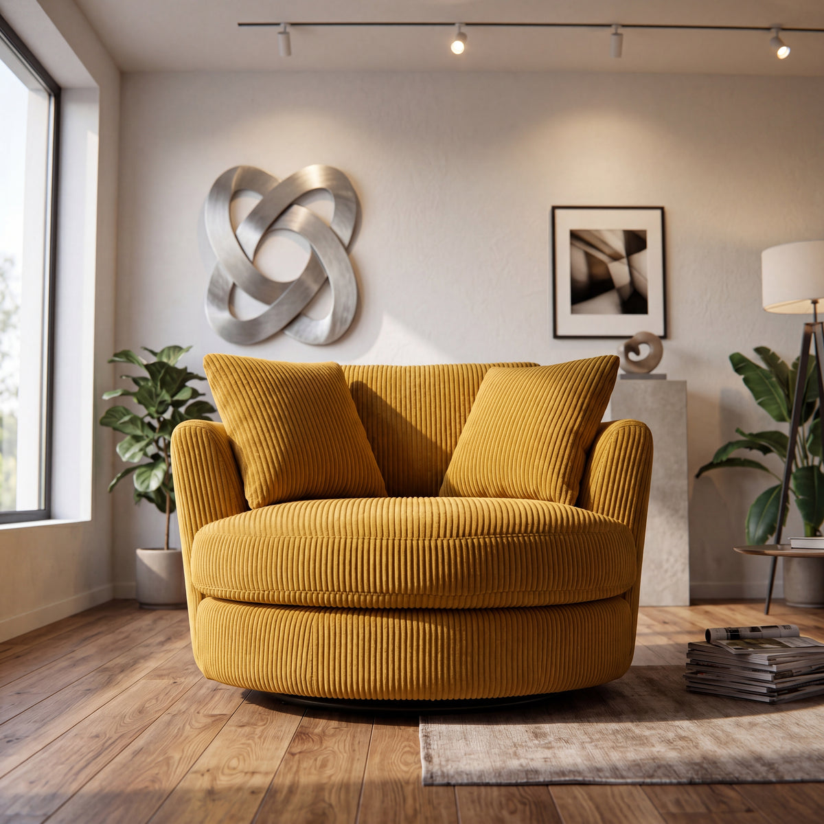 Cuddle Swivel Chair - Mustard - Lifestyle Setting | Vibe Sofas