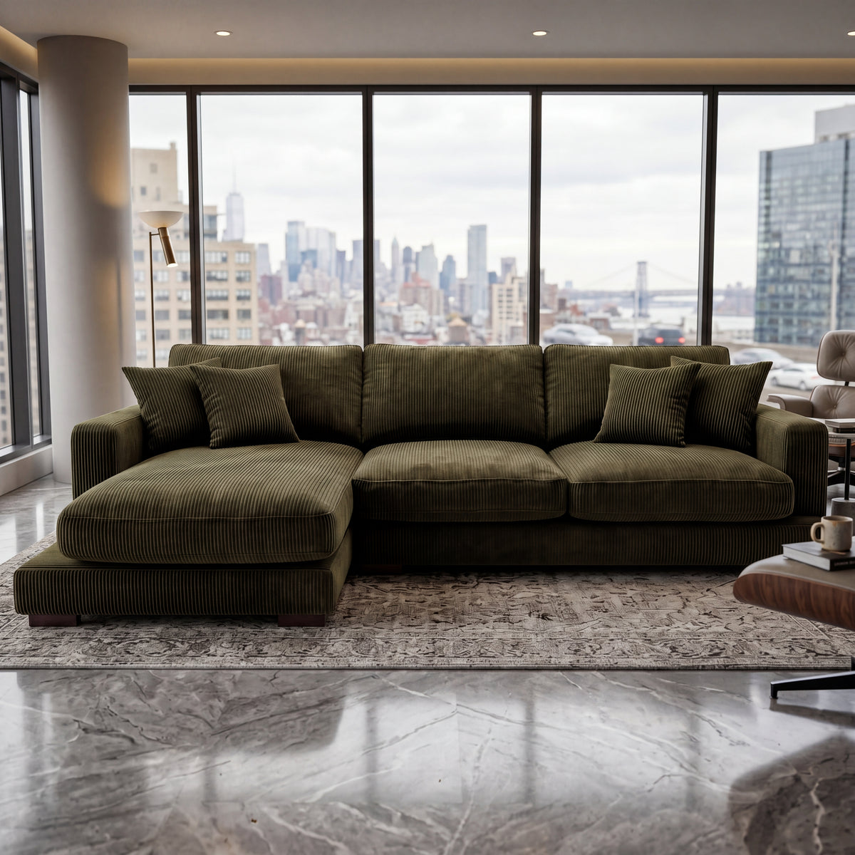City Chaise Lounge Olive Green Corduroy - Alternative Angle | Vibe Sofas
