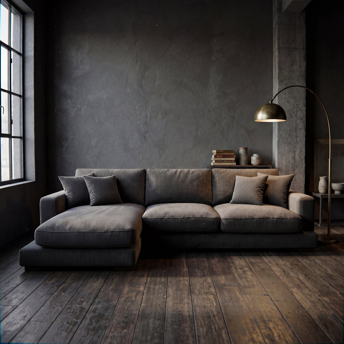 City Chaise Lounge Grey Corduroy - Lifestyle Setting | Vibe Sofas