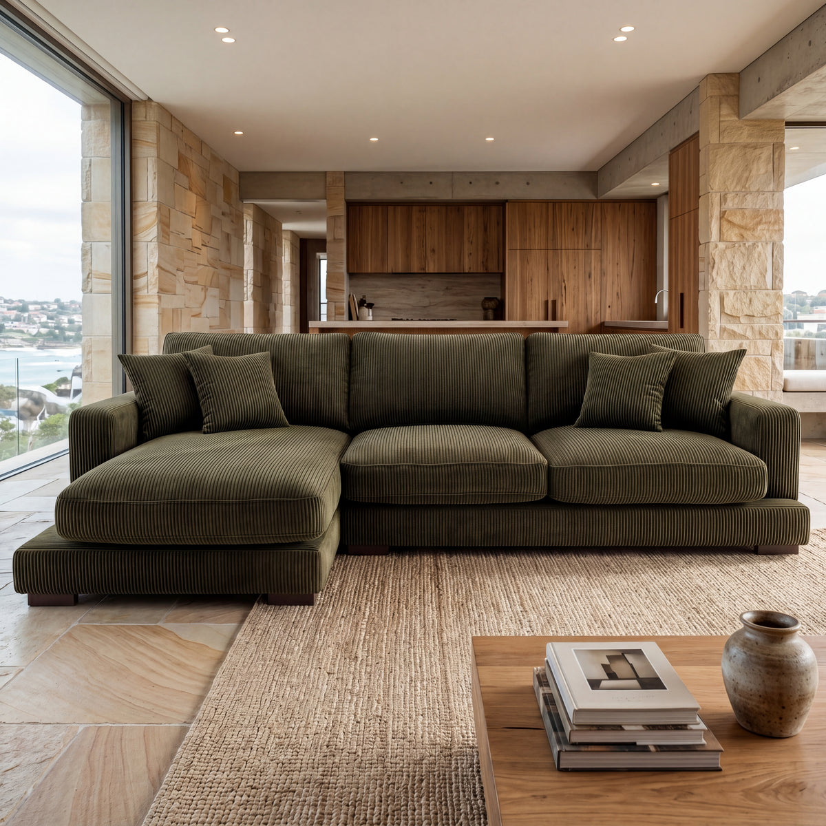 City Chaise Lounge Olive Green Corduroy - Detail Close-Up | Vibe Sofas