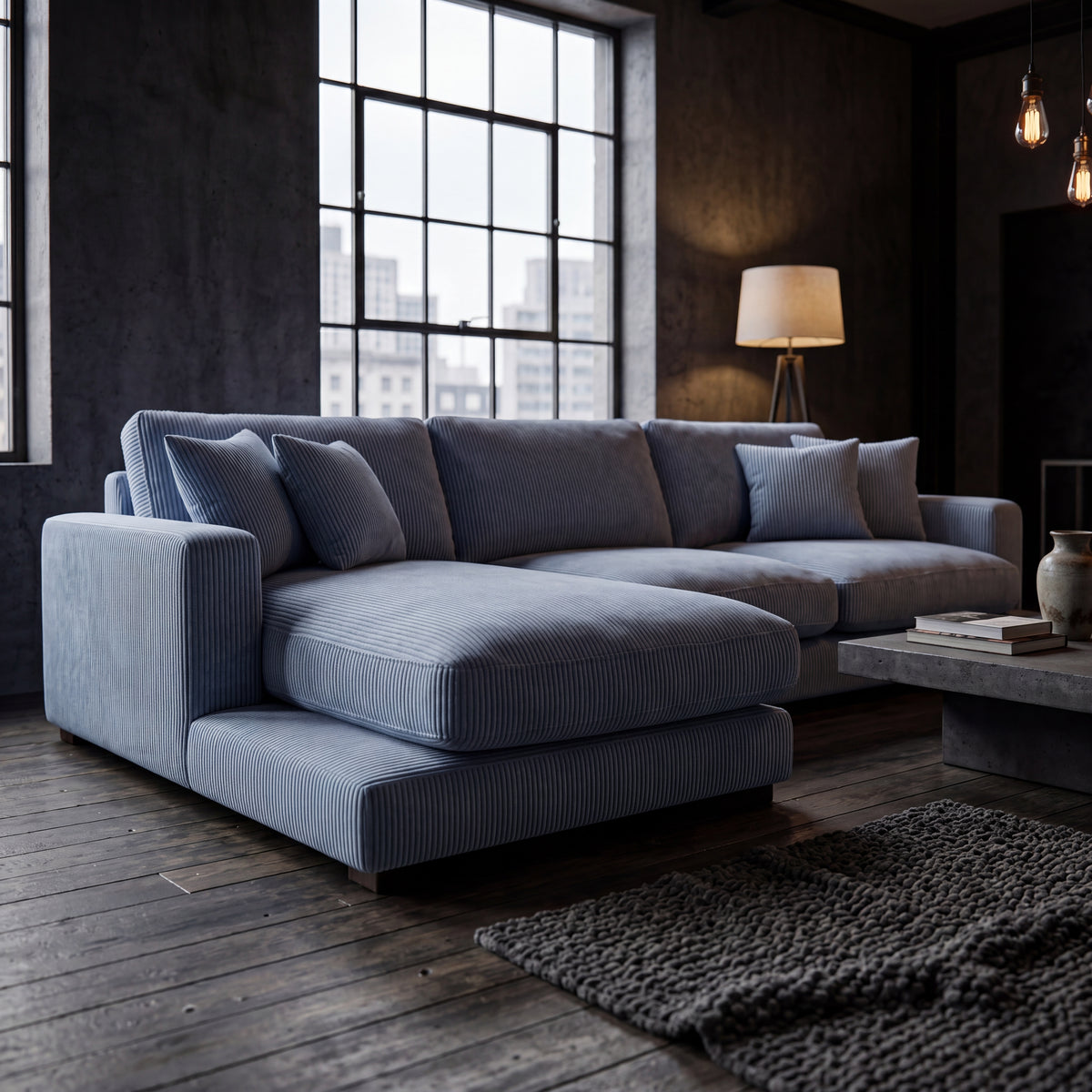 City Chaise Lounge Baby Blue Corduroy - Alternative Angle | Vibe Sofas