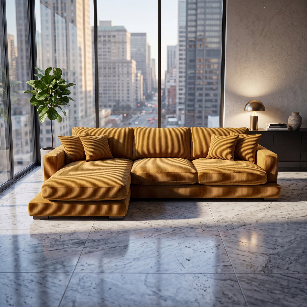 City Chaise Lounge Mustard Corduroy - Room Setting | Vibe Sofas Australia