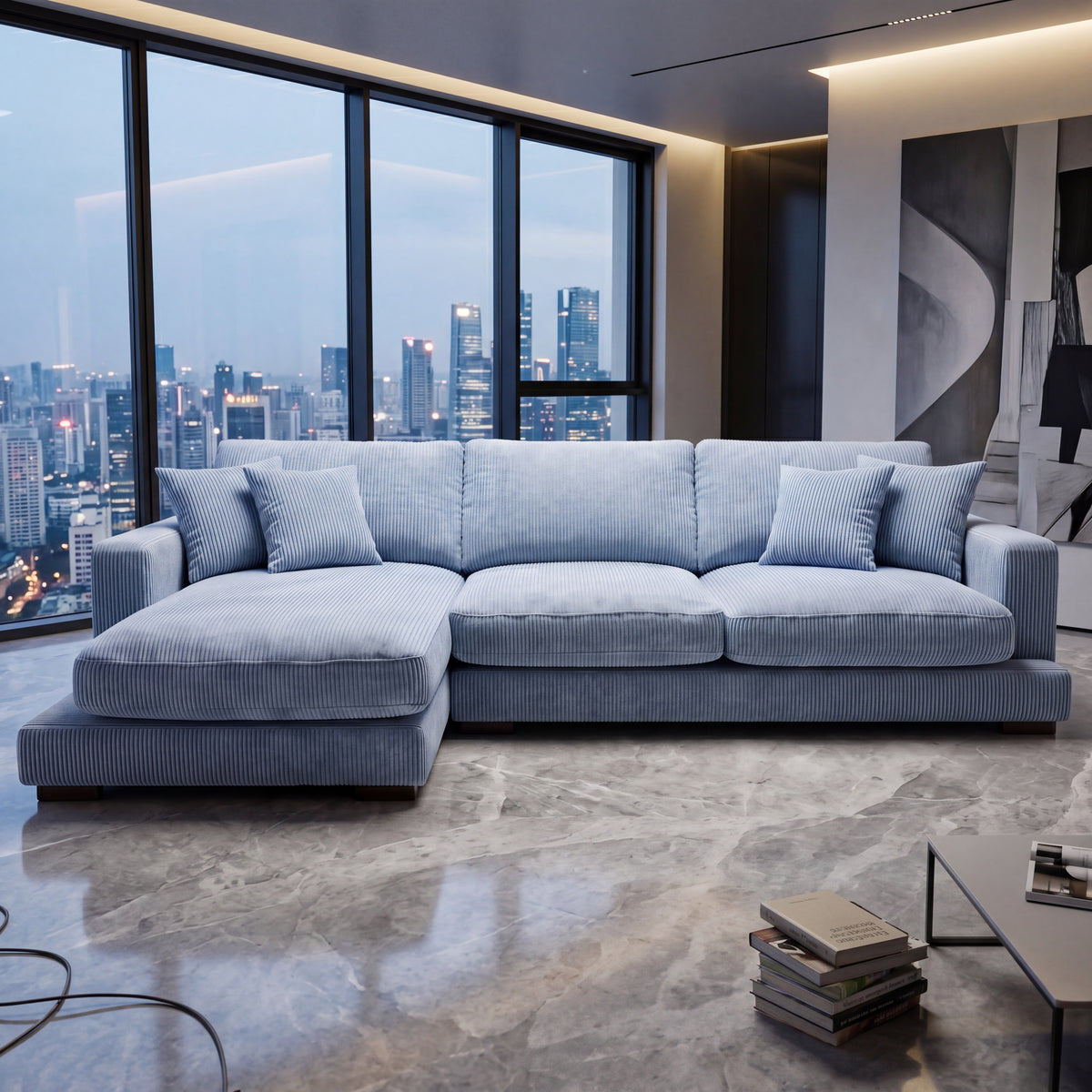 City Chaise Lounge Baby Blue Corduroy - Lifestyle Setting | Vibe Sofas