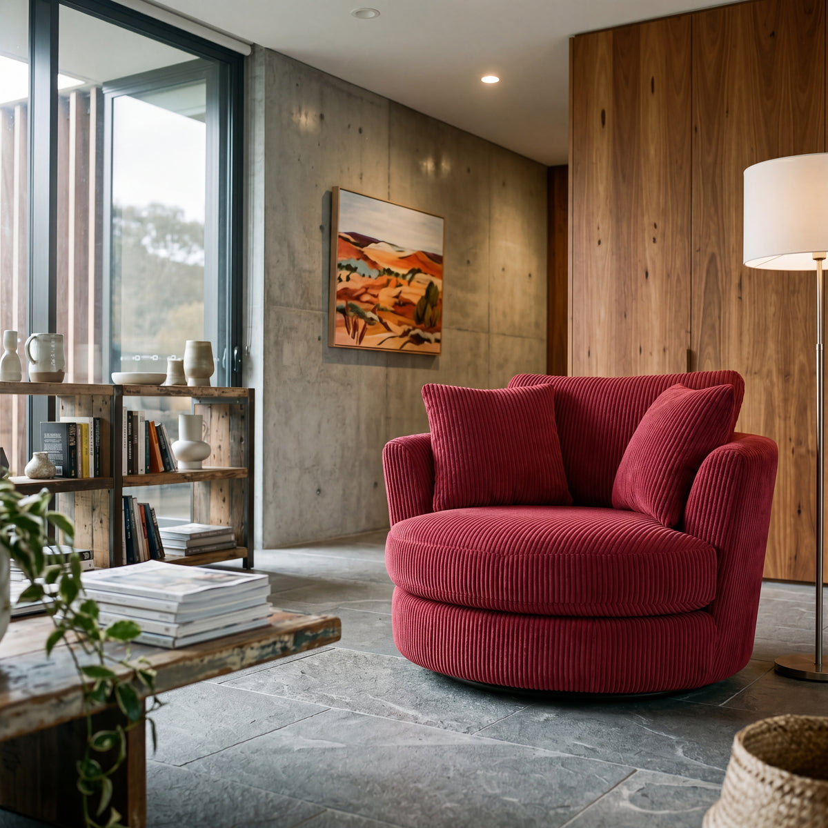Cuddle Swivel Chair - Samurai Red - Lifestyle Setting | Vibe Sofas