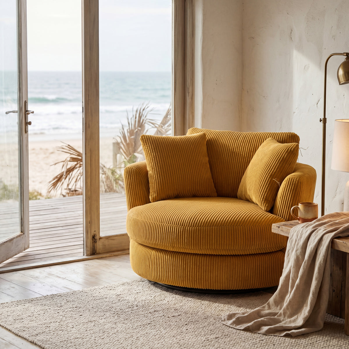 Cuddle Swivel Chair - Mustard - Room Setting | Vibe Sofas Australia
