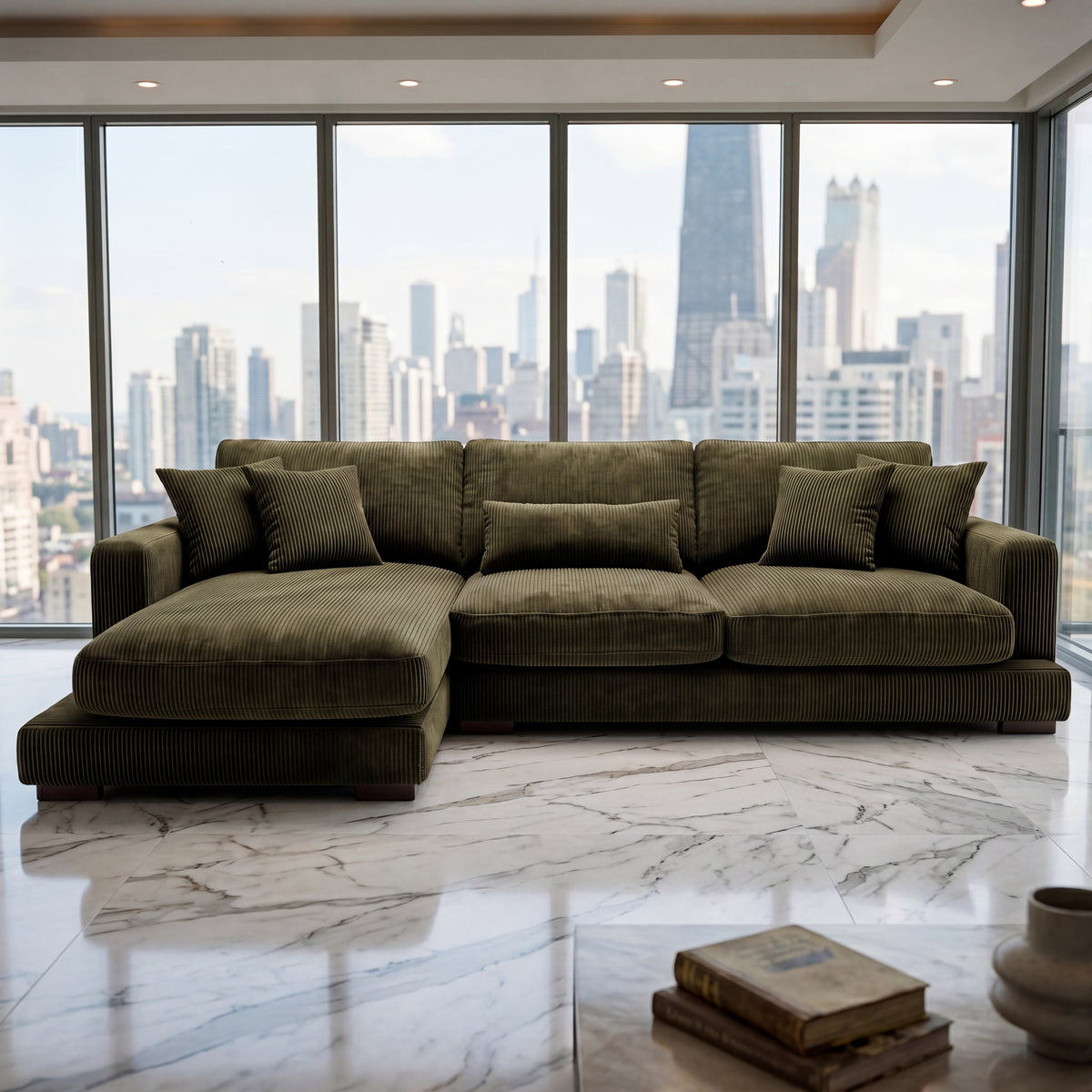 City Chaise Lounge Olive Green Corduroy - Lifestyle Setting | Vibe Sofas